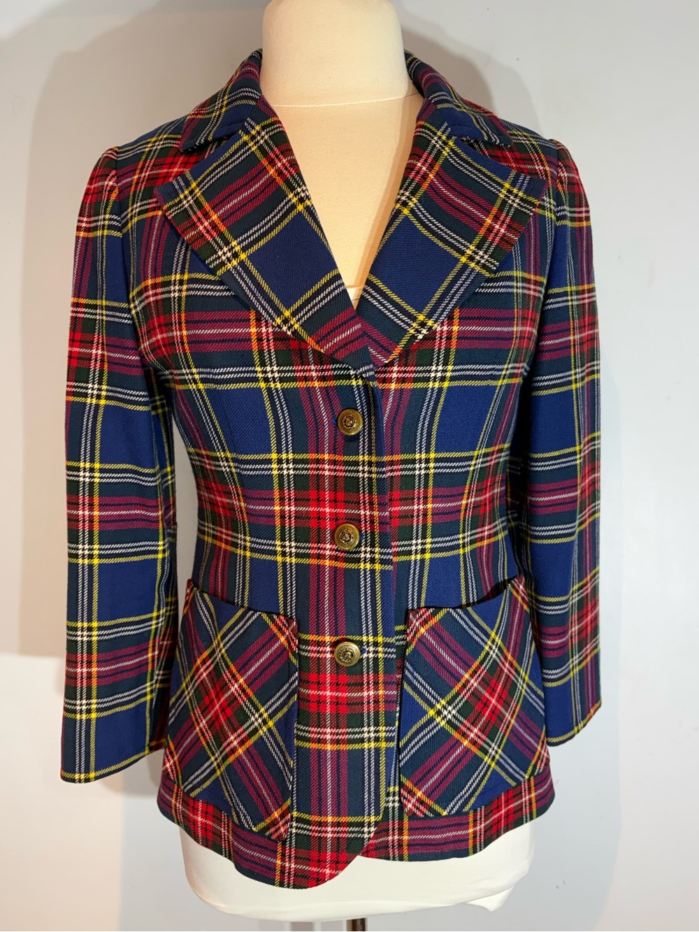 Navy Red Tartan Plaid Blazer Gold-Tone Metal Buttons Small